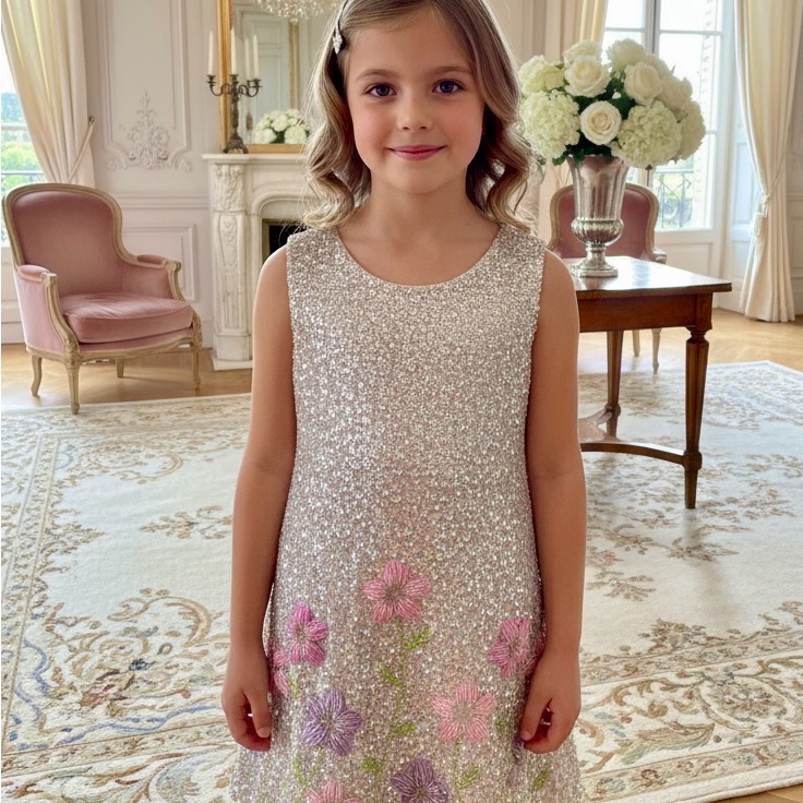 Sparkling Floral Hand Beaded Kids Dress